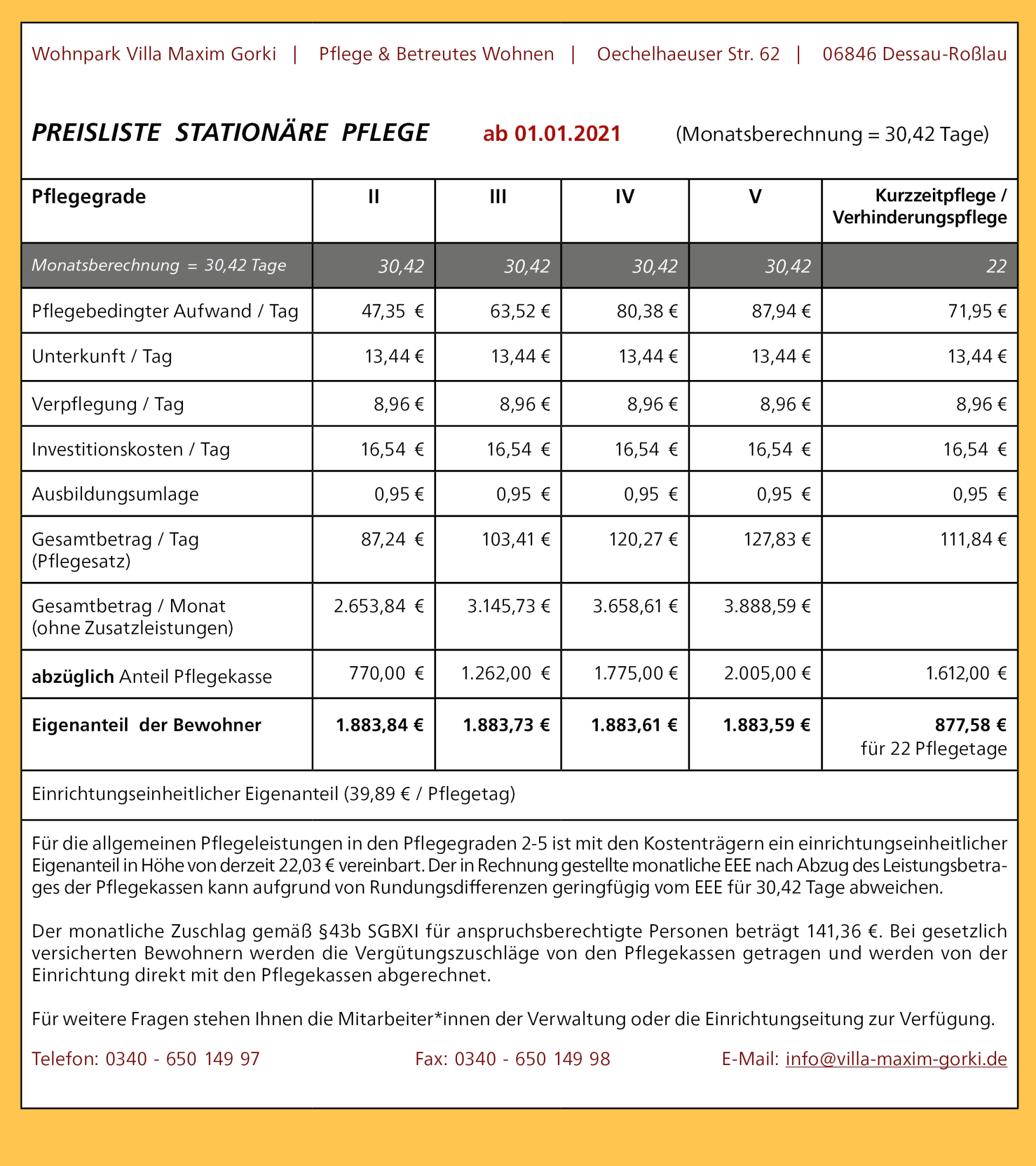 Vergrößerte Ansicht der Preisliste Preisliste Wohnpark Villa Maxim Gorki 01/2021