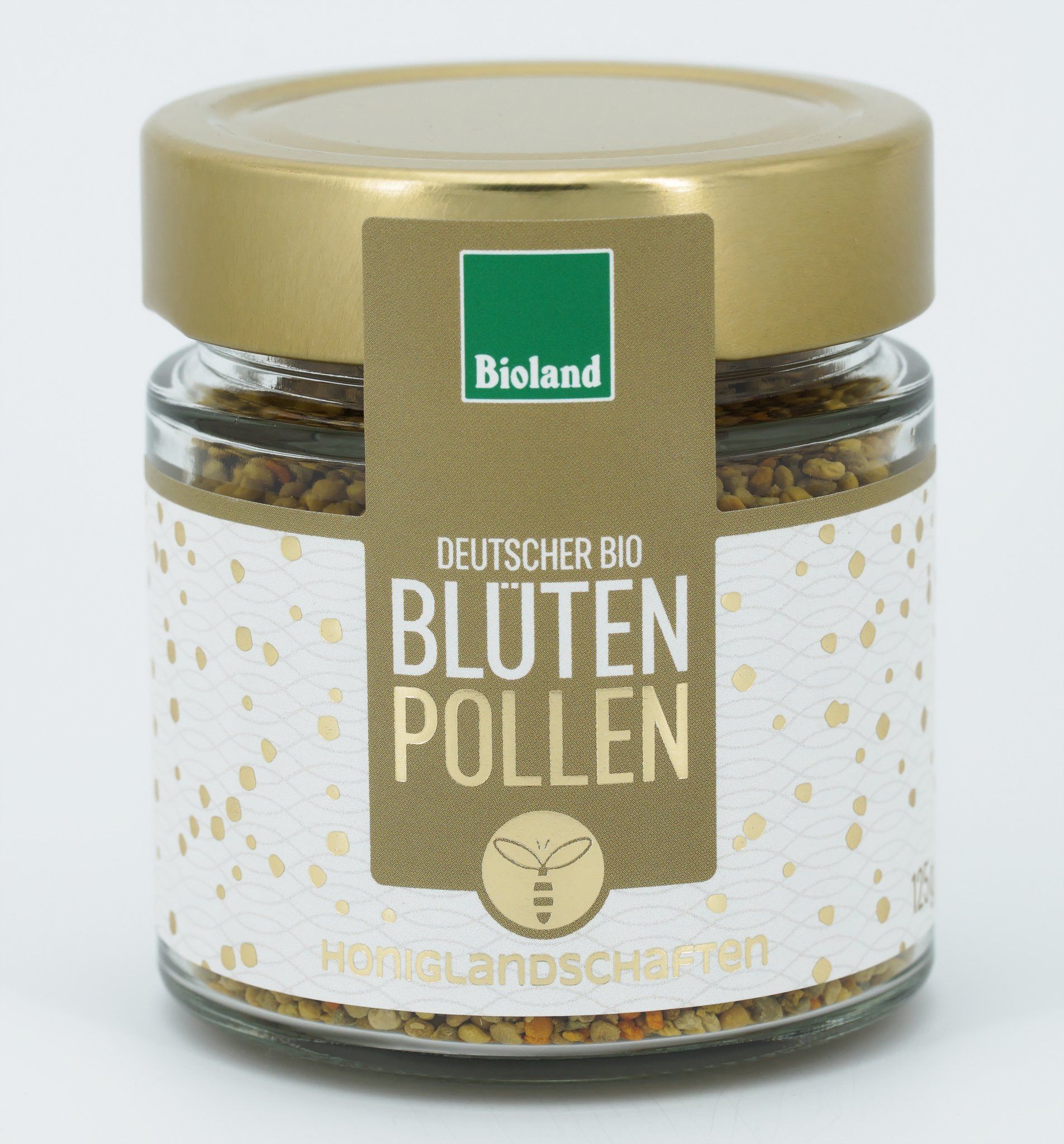 Glas mit Bio-Blütenpollen der Bioland-Imkerei und Manufaktur Honiglandschaften