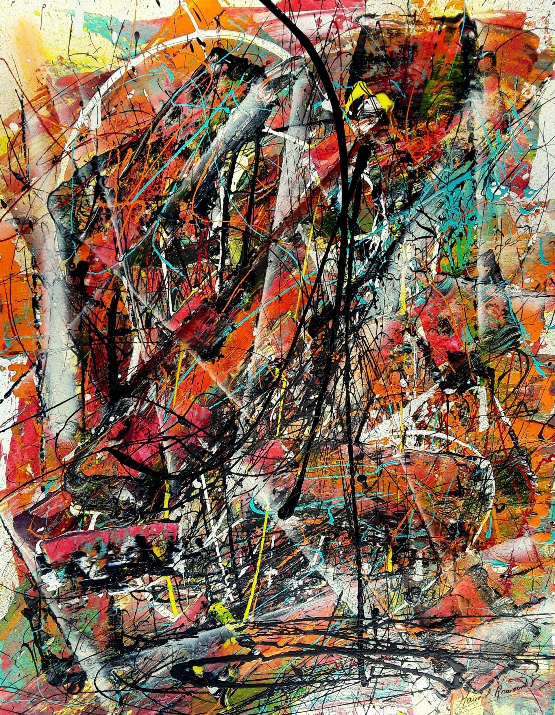 Abstract expressionism, Pollock style, red, blue, pink, black, white