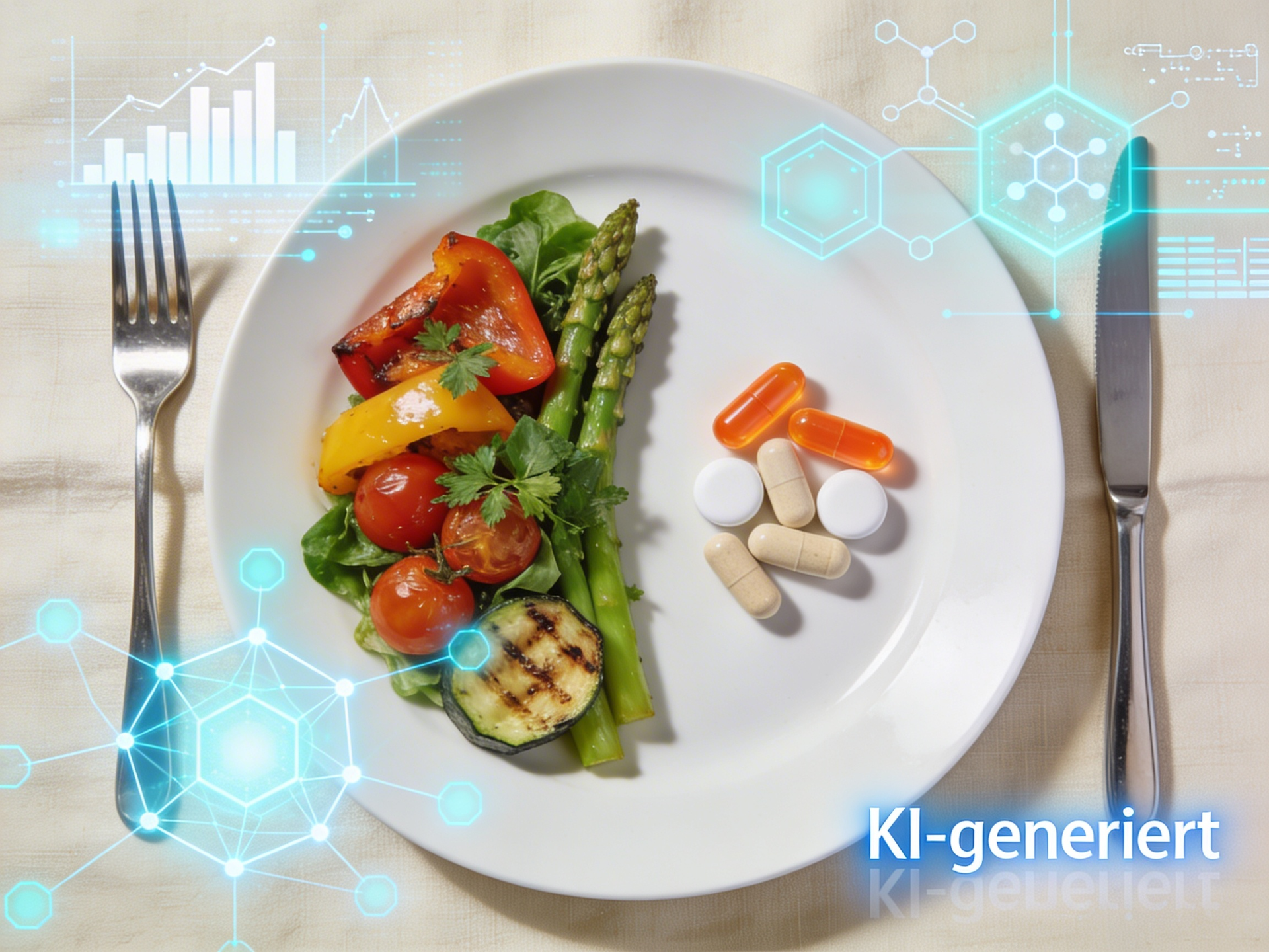 Lebensmittel für besondere medizinische Zwecke und KI - Kapseln, Tabletten, Gemüse auf einem Teller