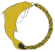 MMS Counseling logo: A black and yellow drawing of a salmon biting its tail creating a circular shape in the process. The salmon's tail is braided in a Celtic knot style.