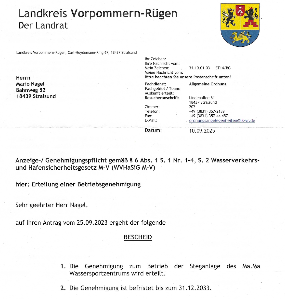 Ein Dokument vom Landkreis Rügen zum bestätigen der Hafenanlage bis 2033.