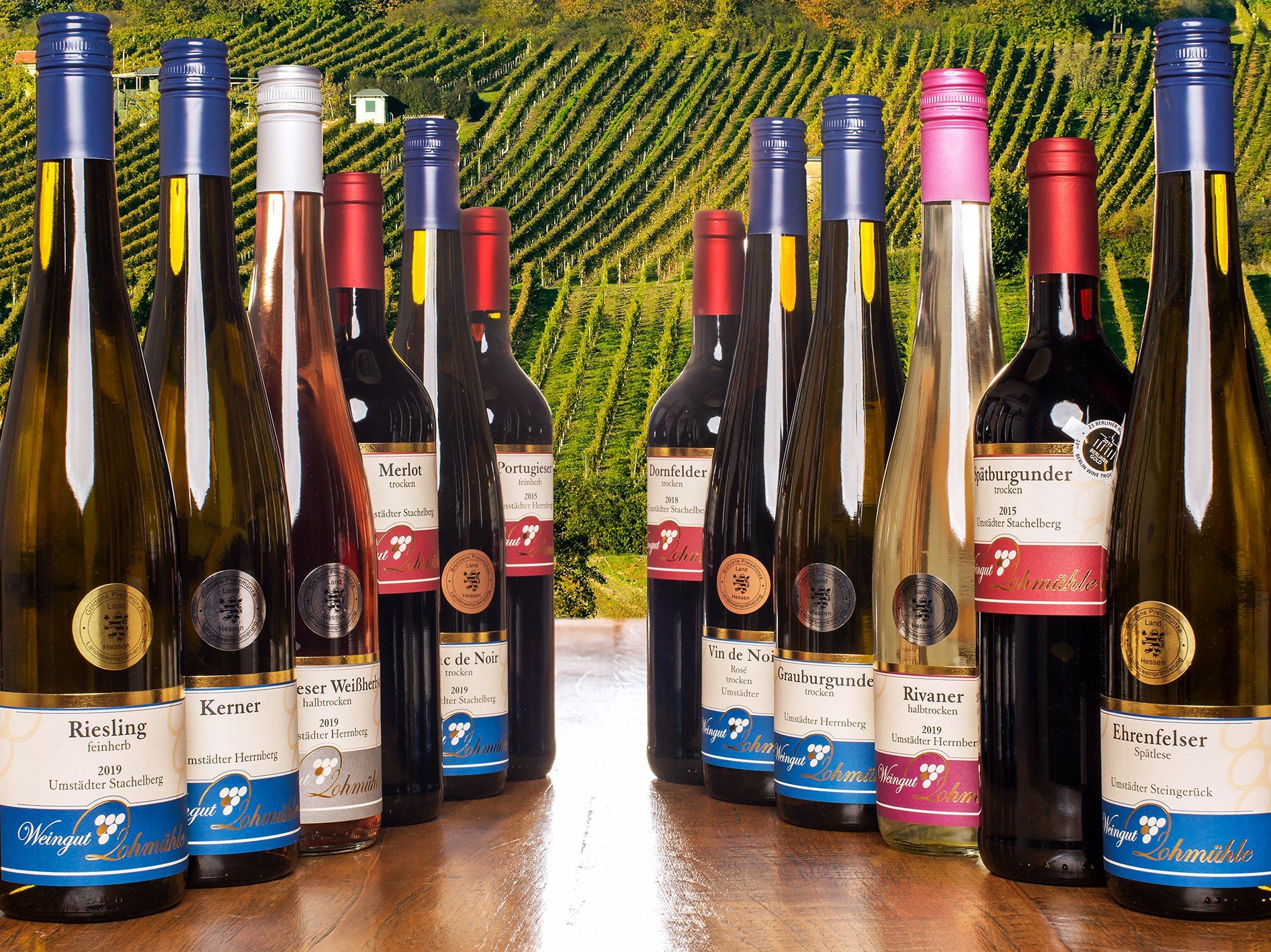 Umstädter Wein: Riesling, Grauburgunder, Spätburgunder, Blanc de Noir, Dornfelder, Merlot, Kerner, Weißherbst, Ehrenfelser