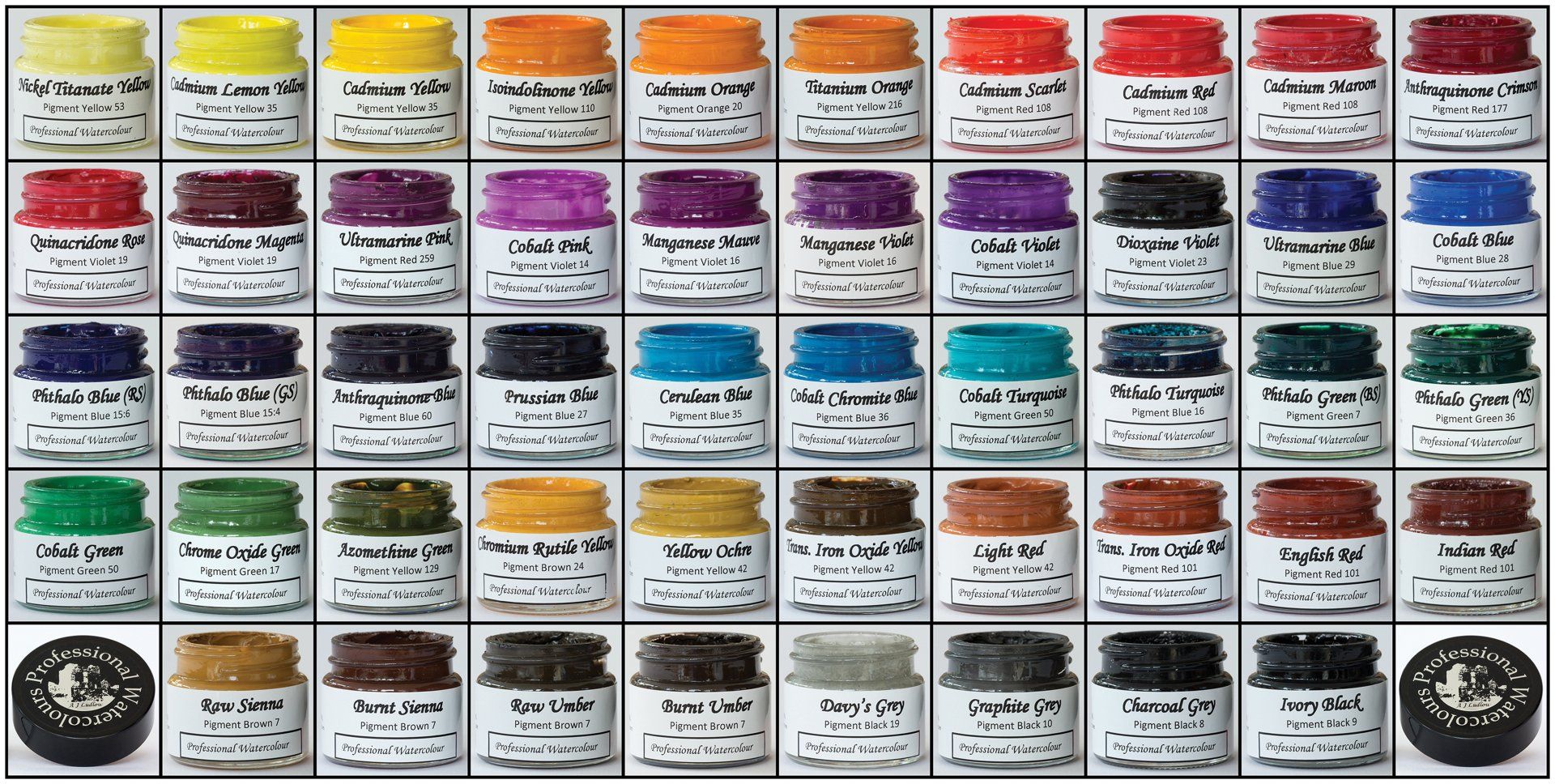 Each of the 48 pigments used in A J Ludlow’s single pigmented Professional Watercolours has a story. A story of discovery, historical significance or technical superiority, each pigment has a reason to be on the Artist’s palette. 48 Single Pigmented Professional Watercolours from A J Ludlow
