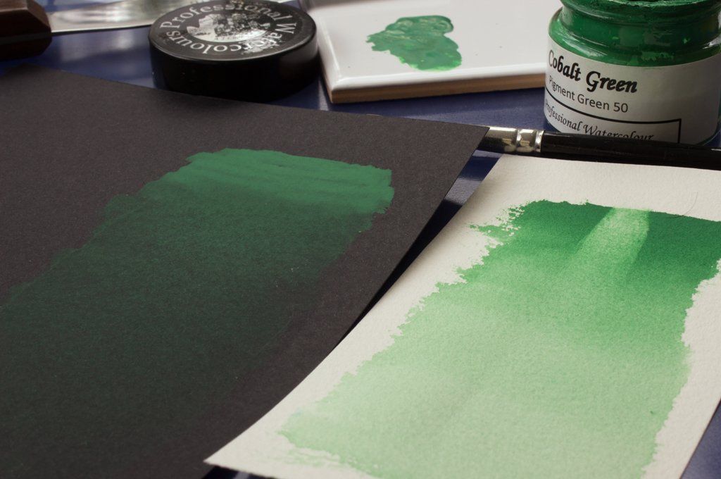 Washes of Cobalt Green on white and black paper. Washes of A J Ludlow Cobalt Green Professional Watercolour on white and black paper.