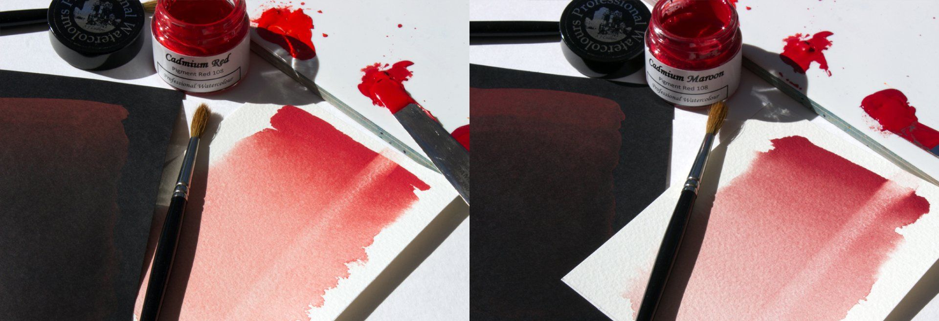 Graduated washes of Cadmium Red and Maroon on black and white watercolour paper Graduated wash of A J Ludlow Colour's Cadmium Red and Maroon watercolours