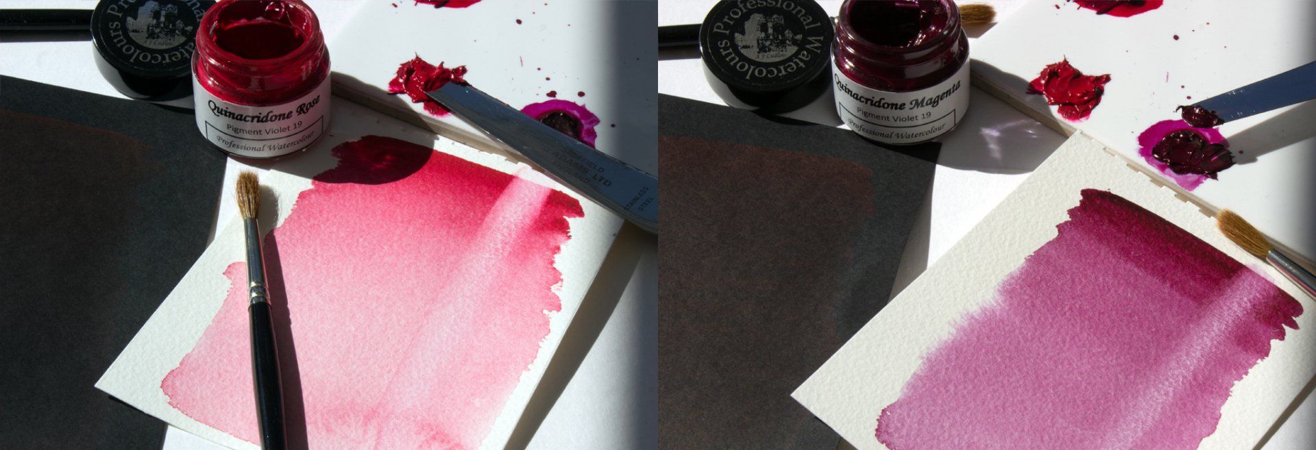 Graduated washes of Quinacridone Rose and Magenta on black and white watercolour paper Graduated wash of A J Ludlow Colour's Quinacridone Rose and Magenta watercolours
