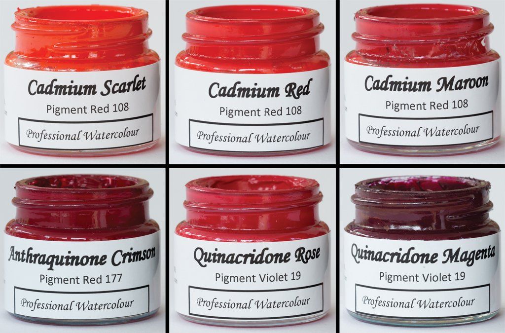 A J Ludlow's Professional Cadmium reds, Anthraquinone Crimson and Quinacridone Rose and Magenta Watercolours A J Ludlow's Professional Watercolours