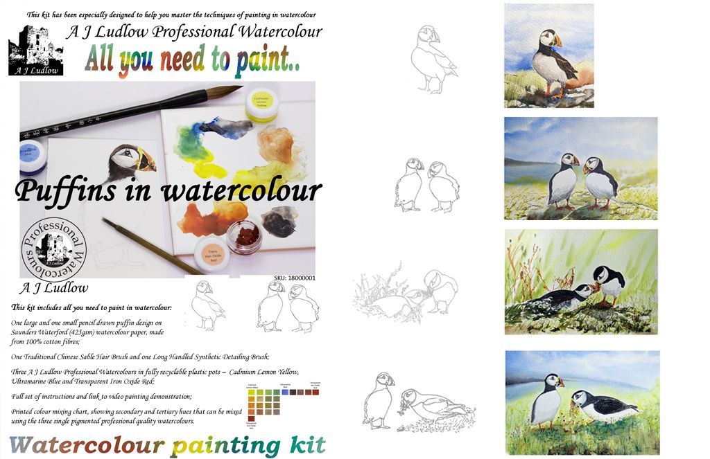 The 3 Puffin themed Watercolour Painting sets from A J Ludlow, are a great way to start painting in watercolours. Puffin Watercolour Painting sets from A J Ludlow, are a great way to start painting in watercolours.