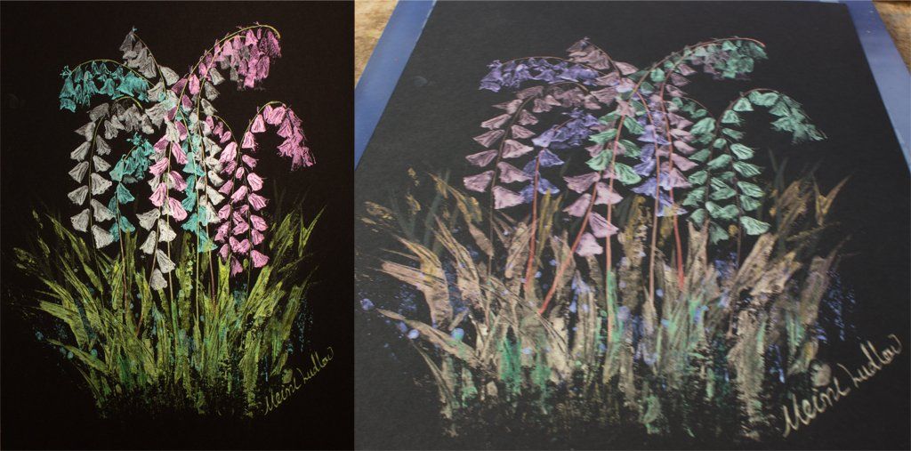 These photographs show the colour change at different viewing angles of the hand-made iridescent watercolours. two views of