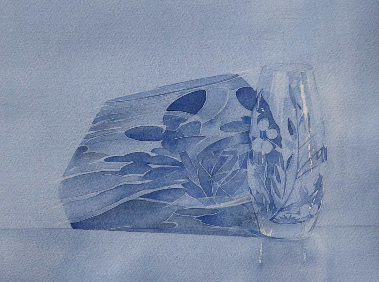 “Bud Vase” a watercolour painting of a glass vase casting a shadow by Lesley Linley using A J Ludlow Professional Watercolours