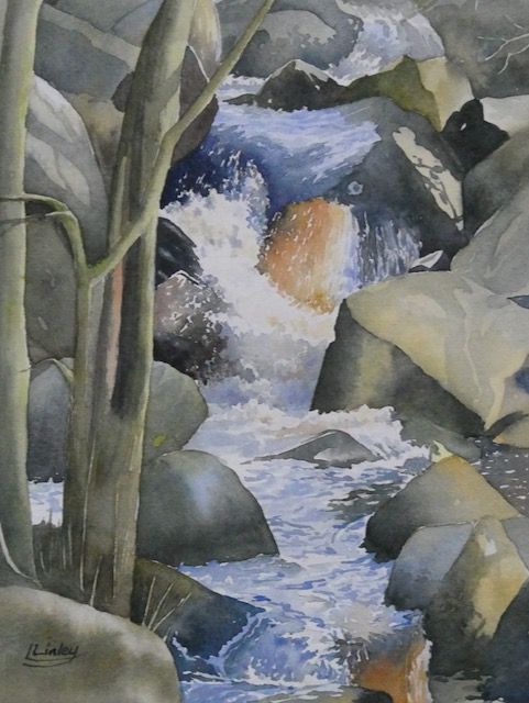 Watercolour painting cascading Burbage Brook at Padley Gorge, by Lesley Linley, using A J Ludlow Professional Watercolour paints