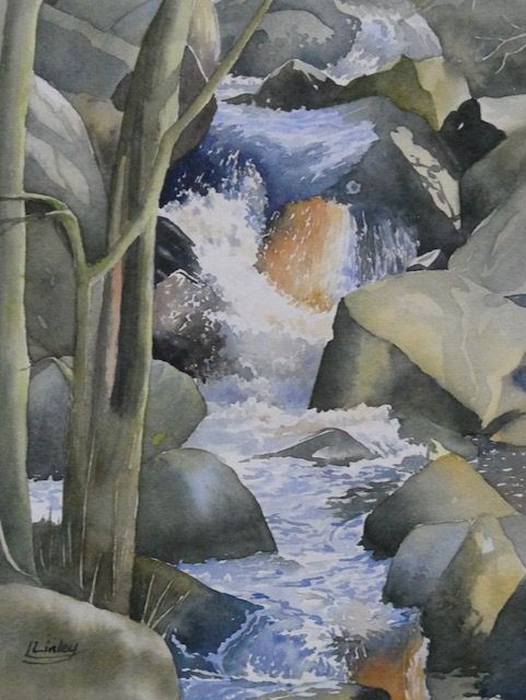 “Burbage Brook at Padley Gorge” a watercolour painting by Lesley Linley, using A J Ludlow Professional Watercolours Watercolour painting cascading Burbage Brook at Padley Gorge, by Lesley Linley, using A J Ludlow Professional Watercolour paints