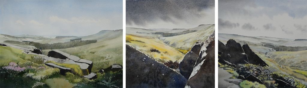 Three watercolour paintings of Burbage by Lesley Linley, using A J Ludlow Professional Watercolour paints