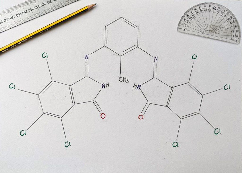The structure of substituted diamine azomethine-type terachloroisoindolinone molecule Sketch of the chemical structure of pigment yellow 110