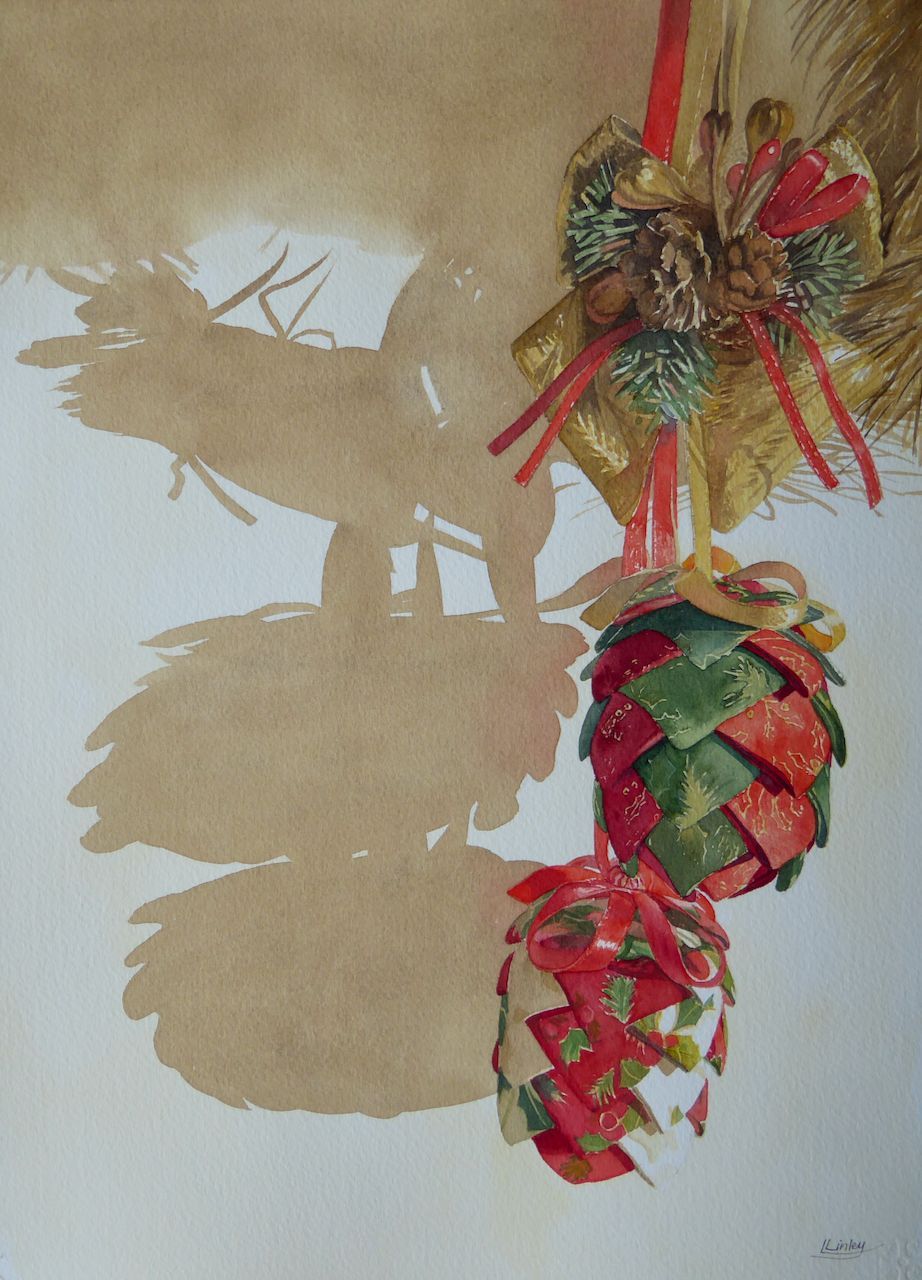 “Christmas Shadows” a watercolour painting of Christmas decorations and their shadows by Lesley Linley  using A J Ludlow Professional Watercolour