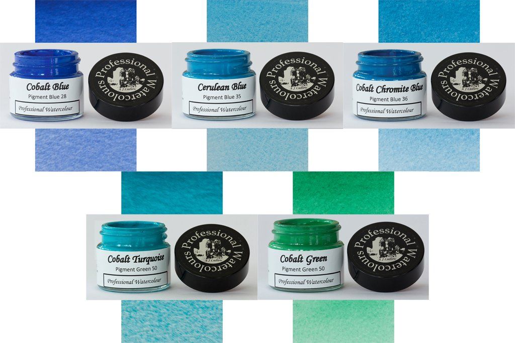 Cobalt, Cerulean and Cobalt Chromite Blues, Cobalt Turquoise and Cobalt Green professional watercolours from A J Ludlow. A J Ludlow Cobalt-based blues and green professional watercolours