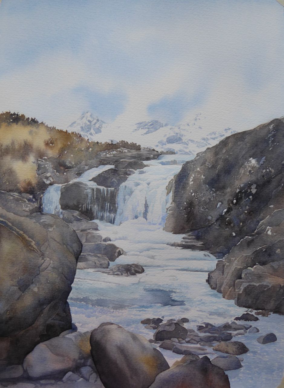 “Frozen II (Waterfall)” a watercolour painting of a frozen waterfall by Lesley Linley using A J Ludlow Professional Watercolours