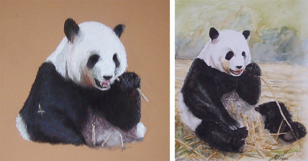 Pastel and watercolour paintings by Andrew Ludlow of Giant Pandas Feeding
