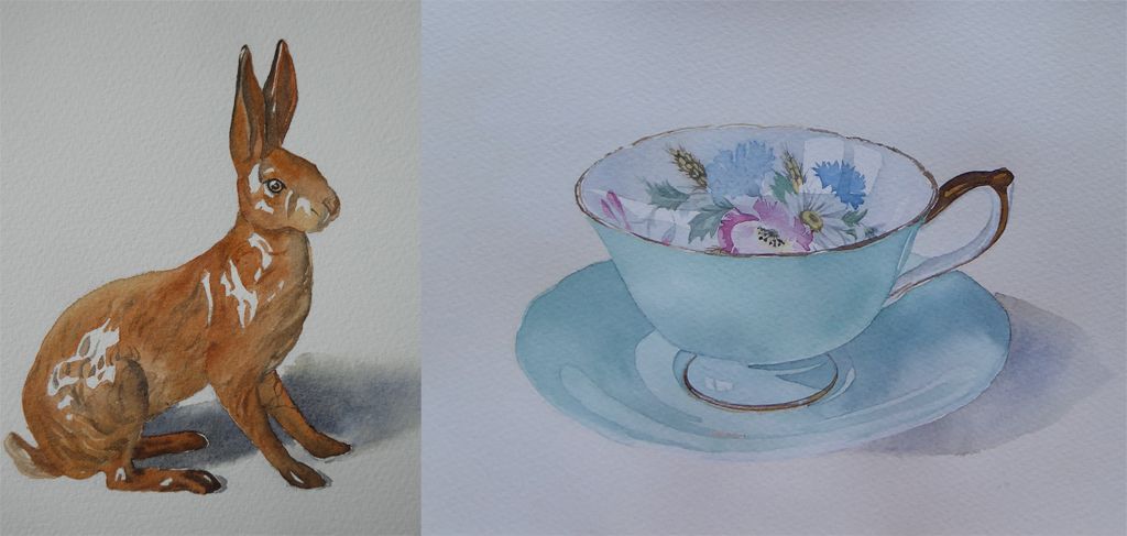 “Hare” a watercolour painting by Lesley Linley (on the left) and “Gran’s china” a watercolour painting by Lesley Linley (on the right) Watercolour paintings by Lesley Linley using A J Ludlow Professional Watercolour