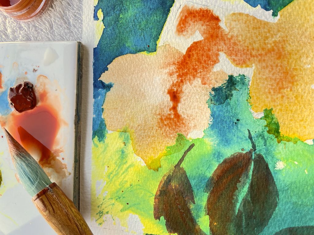 Investing in high-quality paint will ensure that your watercolours are vibrant and true to life. Painting autumn leaves with A J Ludlow Professional Watercolours using a Chinese painting brush.