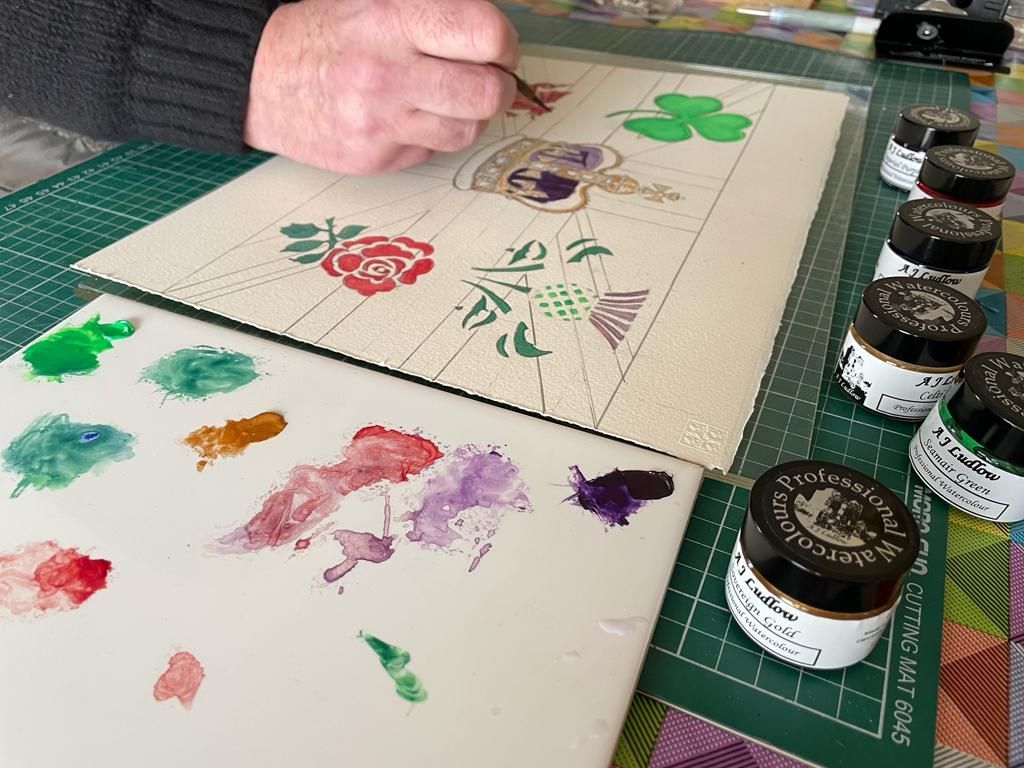 Painting with the watercolour paints from A J Ludlow Professional Watercolour set to celebrate the Coronation of HRH Charles III