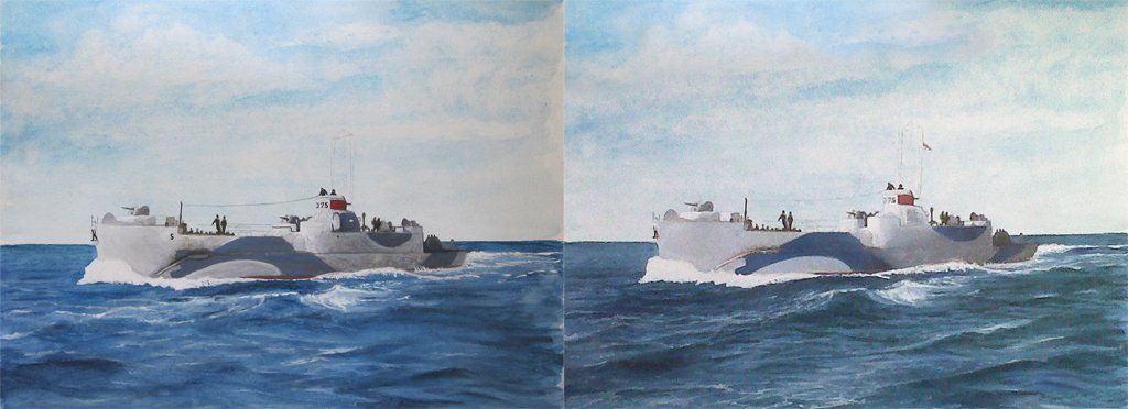 Mid way progress of the painting, showing the initial and final stages of painting the sea Images showing the progress of the painting
