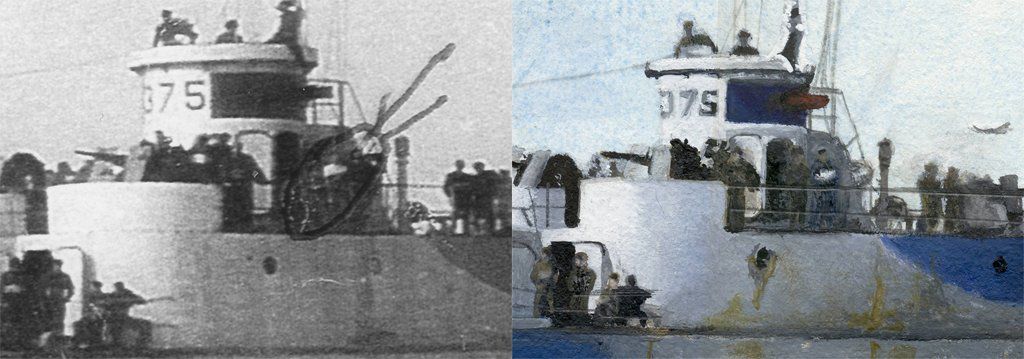 Detail of the bridge of LCI 375 from the photograph and painting Detail of the bridge of LCI 375 from the watercolour painting by Andrew Ludlow