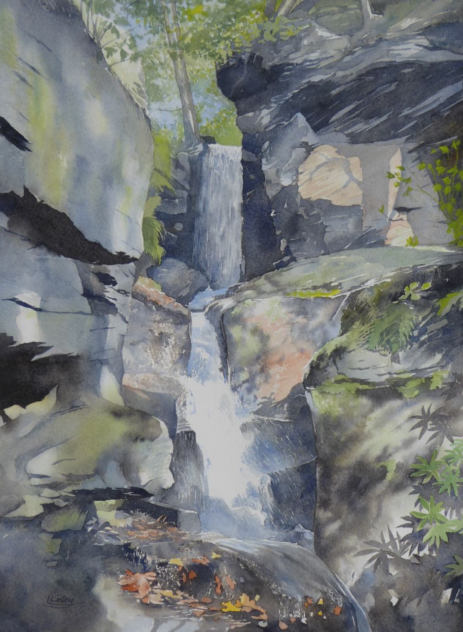 “Lumsdale” a watercolour painting of a waterfall, by Lesley Linley using A J Ludlow Professional Watercolours
