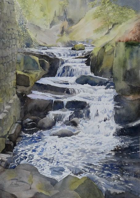 “Lumsdale Revisited” a watercolour painting by Lesley Linley, using A J Ludlow Professional Watercolours Watercolour painting cascading stream entitled