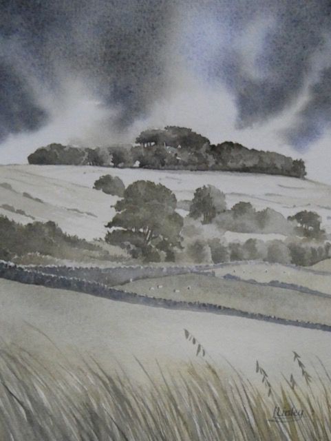 “Minninglow” a watercolour painting by Lesley Linley, using A J Ludlow Professional Watercolours Watercolour painting of a dramatic sky above the English countryside at Minninglow, by Lesley Linley, using A J Ludlow Professional Watercolour paints
