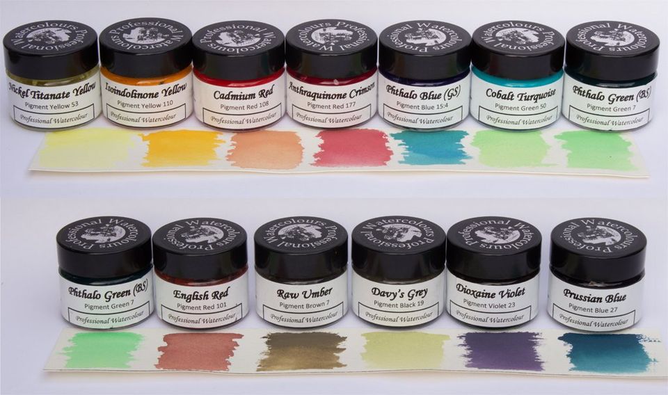 Various colour mixes with Nickel Titante Yellow watercolour Colour mixes with Nickel Titanate Yellow