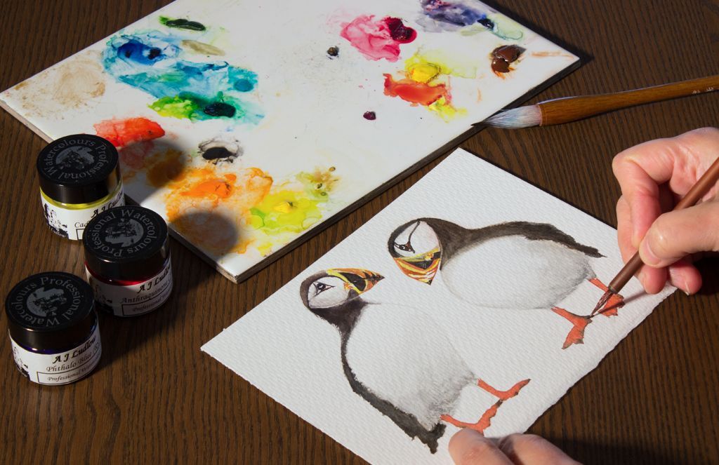 Adding the finishing touches to my Puffins. The brightness of A J Ludlow Professional Watercolour can be seen in this painting of 2 puffins.