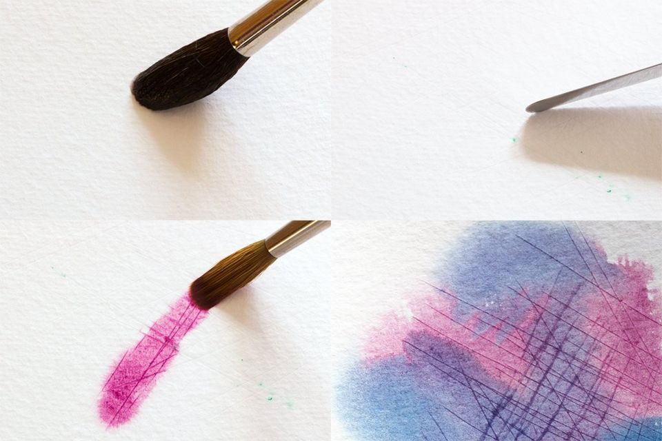 Scratching the damp surface of watercolour paper to create texture in your watercolour painting A J Ludlow Colours' Manganese Mauve and Prussian Blue Professional Watercolour Paints