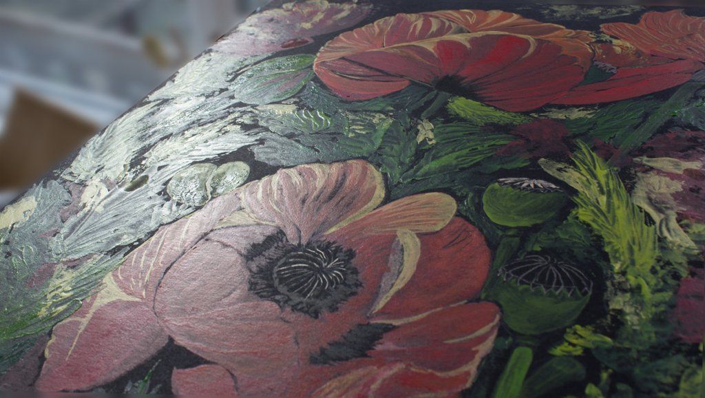 The 3D effect has been created by apply impasto gel and using a mixture of sgraffito and palette knife painting.