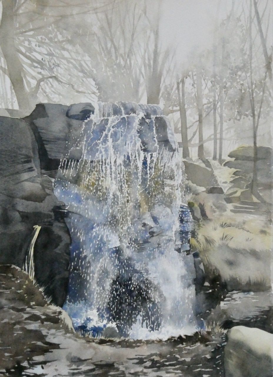 Watercolour painting of the waterfall at Sowter Stone, Chatsworth, by Lesley Linley, using A J Ludlow Professional Watercolour paints 