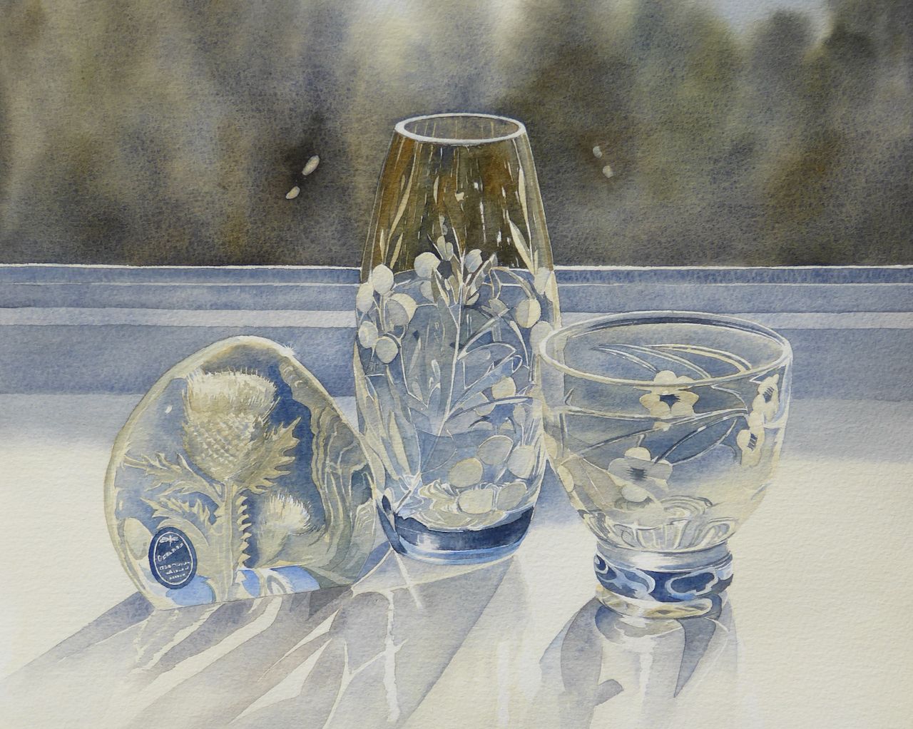 “Sunlight glass at the window” a watercolour painting of light reflecting through glass objects by Lesley Linley using A J Ludlow Professional Watercolour