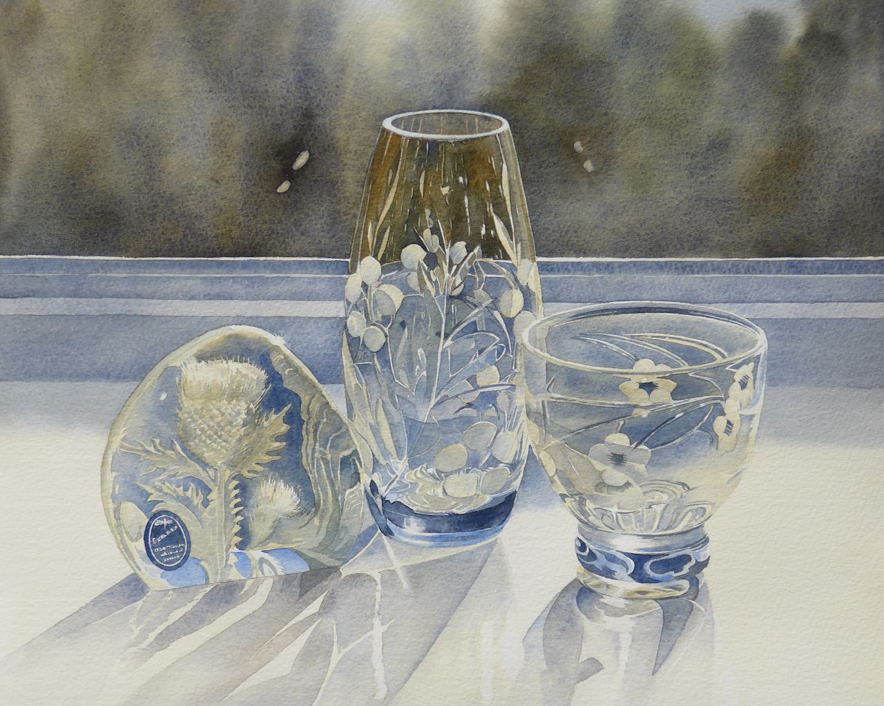 “Sunlight glass at the window” a watercolour painting by Lesley Linley “Sunlight glass at the window” a watercolour painting of light reflecting through glass objects by Lesley Linley using A J Ludlow Professional Watercolour