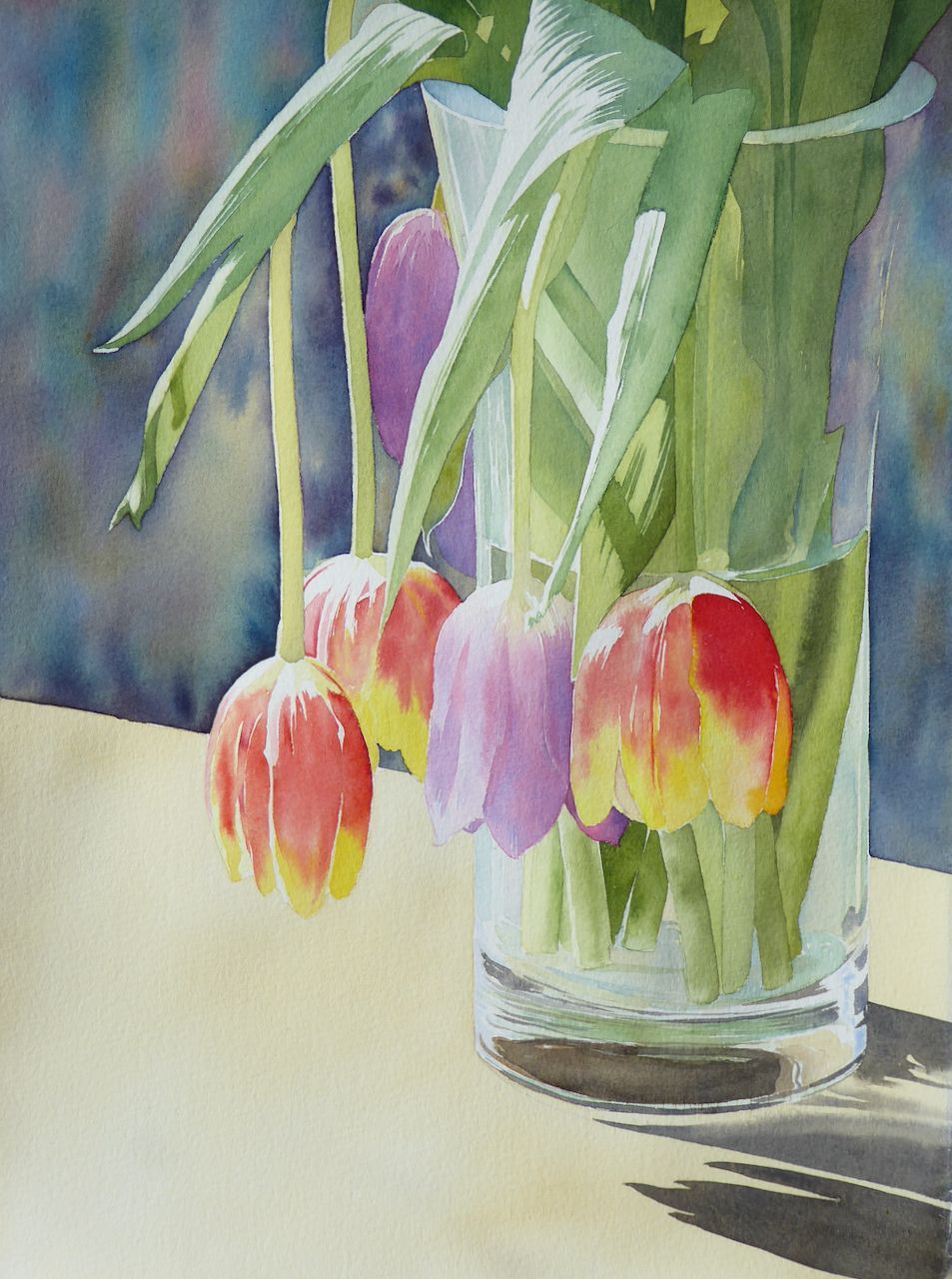 “Tulips” a watercolour painting of vase of tulips by Lesley Linley using A J Ludlow Professional Watercolour
