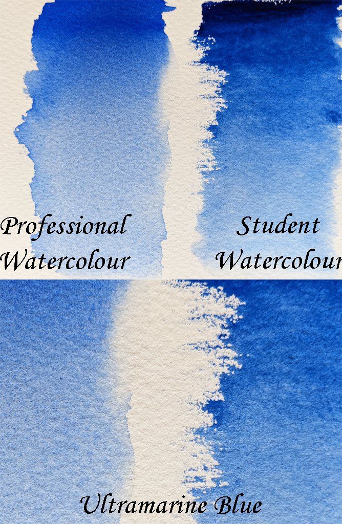 Professional quality Ultramarine Blue watercolour granulates well, whilst the student quality watercolour is noticeably poorer. Comparison of granulation of Ultramarine Blue watercolour - artist grade verses student quality