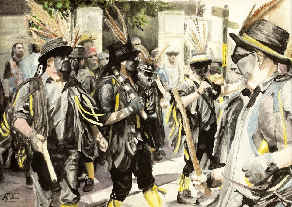 Witchmen Morris at Rochester's Sweeps Festival 2009, a watercolour painting by Andrew Ludlow