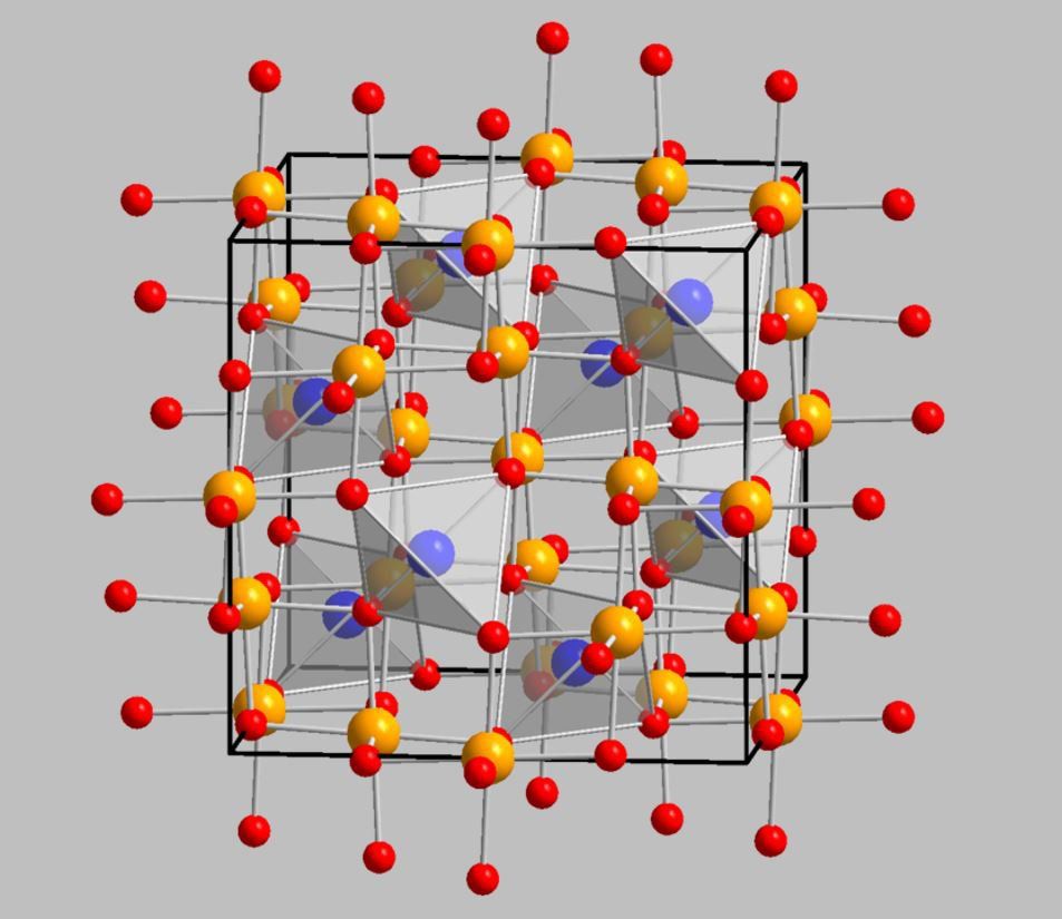 The spinel crystal arrangement of octahedral co-ordinated aluminium (yellow spheres) and the tetrahedral co-ordinated cobalt (blue spheres). Diagram of a spinel crystal (cobalt blue pigment)