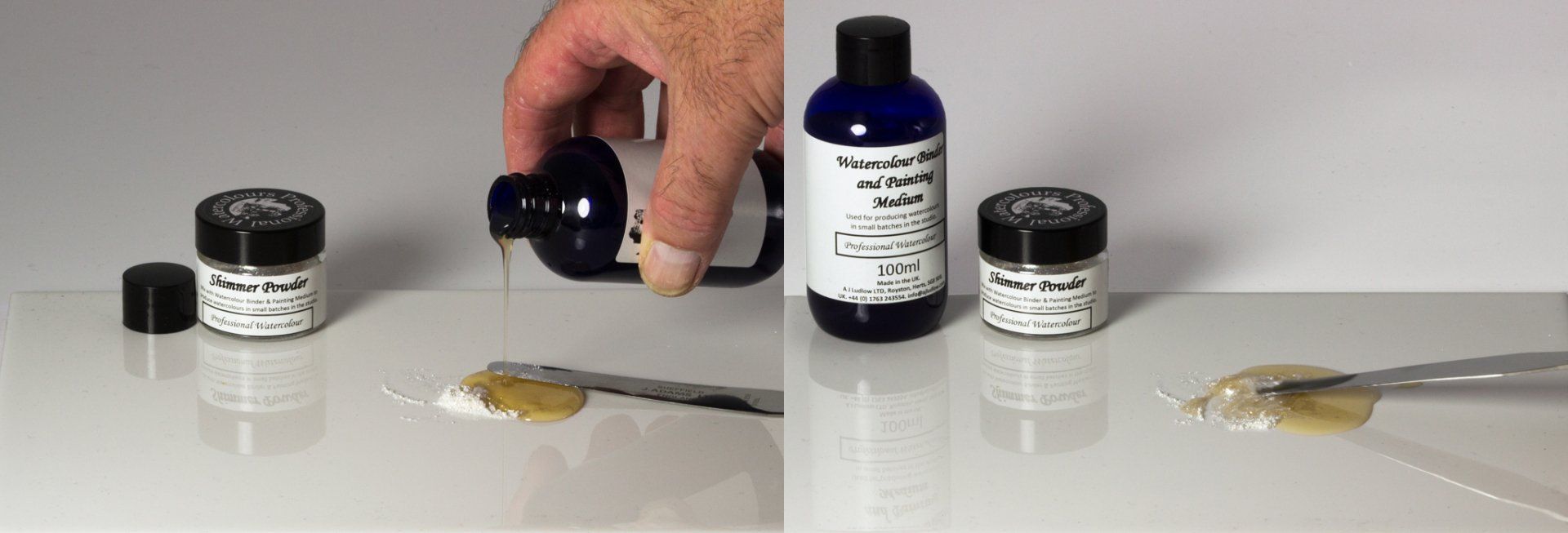 Adding watercolour binder and gently blending in the Effects Pigment Powder. Making a hand-made watercolour with A J Ludlow's watercolour binder medium and shimmer powder (2)