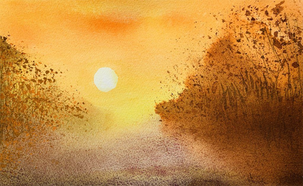 Meiru's watercolour painting using the wet in wet technique to create the soft colour blends. Wet in wet painting of a sunset