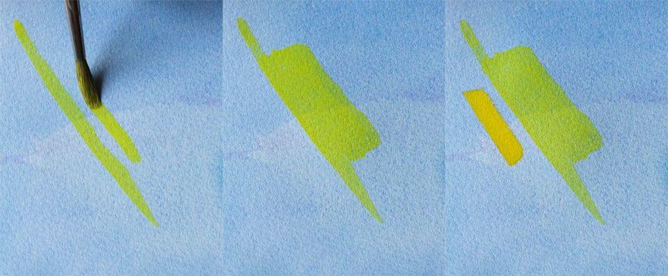 Layering with A J Ludlow's Cadmium Yellow Professional Watercolours A J Ludlow's Cadmium Yellow Professional Watercolour paints showing good transparency and opacity