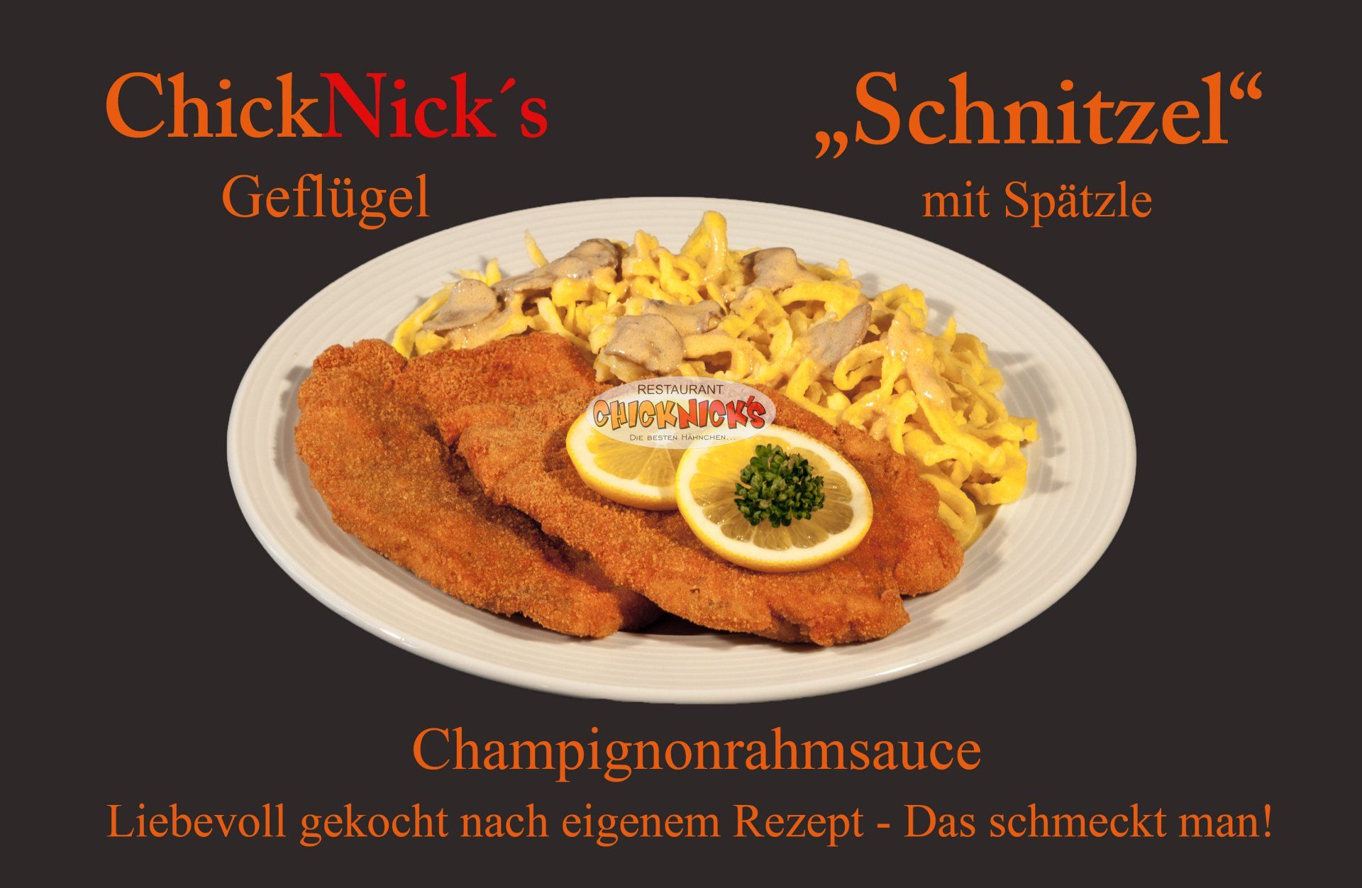 Schnitzel mit Spätzle und Champignonrahmsauce