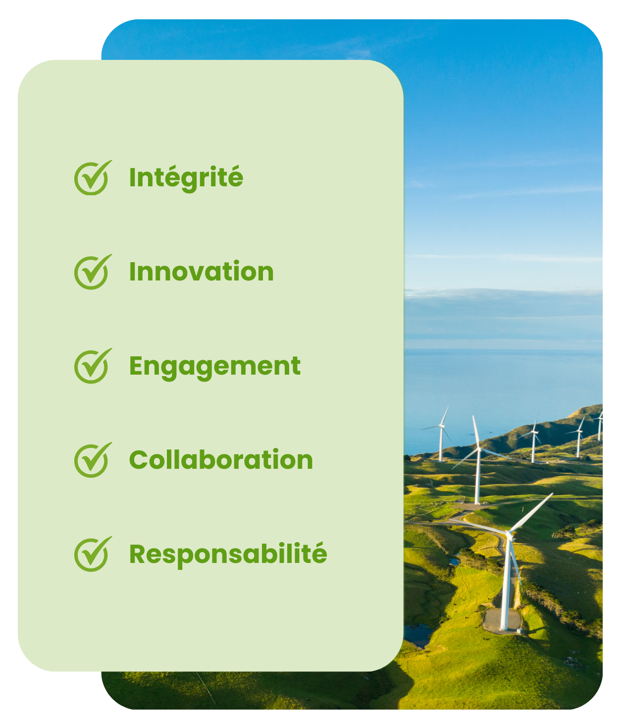 Nos valeurs : intégrité - innovation - collaboration - engagement - responsabilité