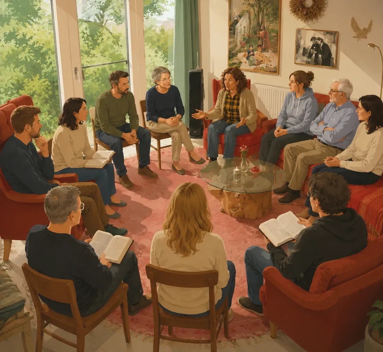 Hausbibelkreis: Menschen in einem Wohnzimmer sprechen miteinander