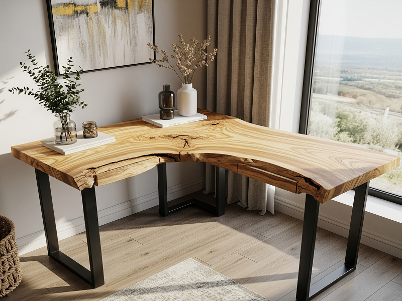 Bureau d'angle sur mesure en bois d'olivier massif. Deux tiroirs intégrés dans la forme du tronc d'arbre. Style live edge.