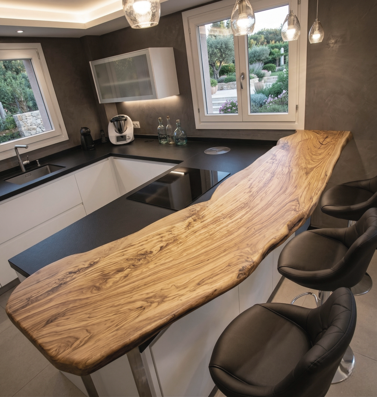 Dessus de bar, passe-plat en bois d'olivier